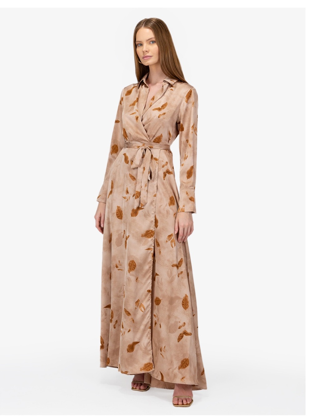 Faux wrap beautiful satin like maxi dress in leaf print